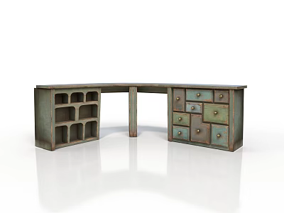 Vintage L Shaped Wooden Furniture With Open Shelves And Colorful Drawers 3d model