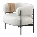 White Fluffy Single Sofa with Round Arms Black Metal Legs and Brown Blanket