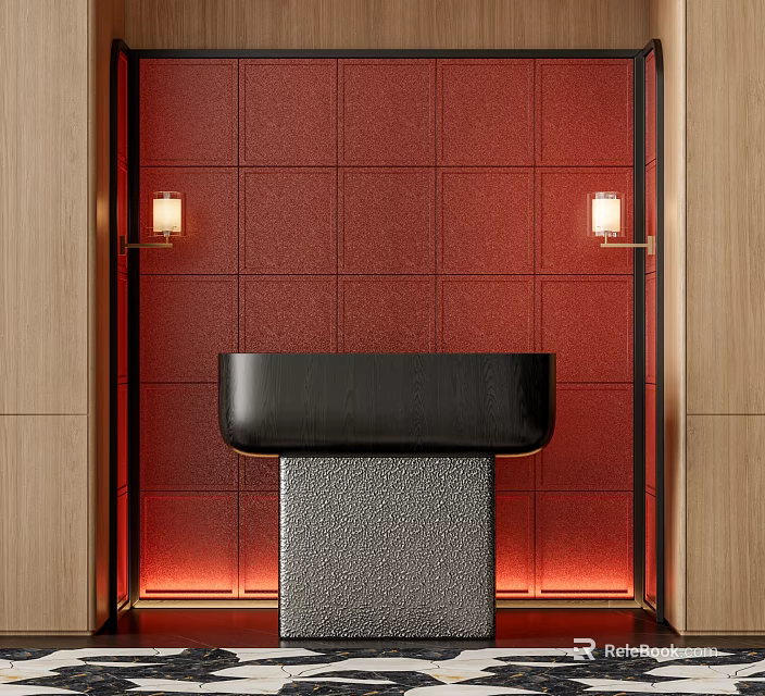 Modern Black Reception Desk With Gray Base Textured Red Wall And Warm Lighting 3d model