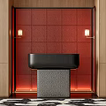 Modern Black Reception Desk With Gray Base Textured Red Wall And Warm Lighting 3d model