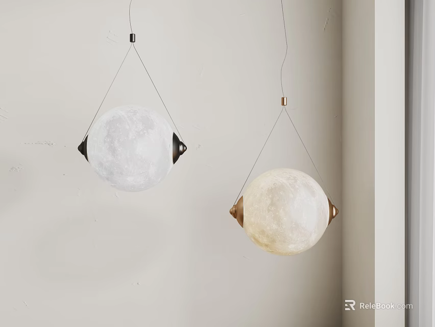 Two Moon Shaped Pendant Lights Hanging On Light Colored Wall With Metal Brackets 3d model