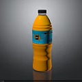 Orange Fruit Drink Bottle With Black Cap And Blue Label On Dark Background