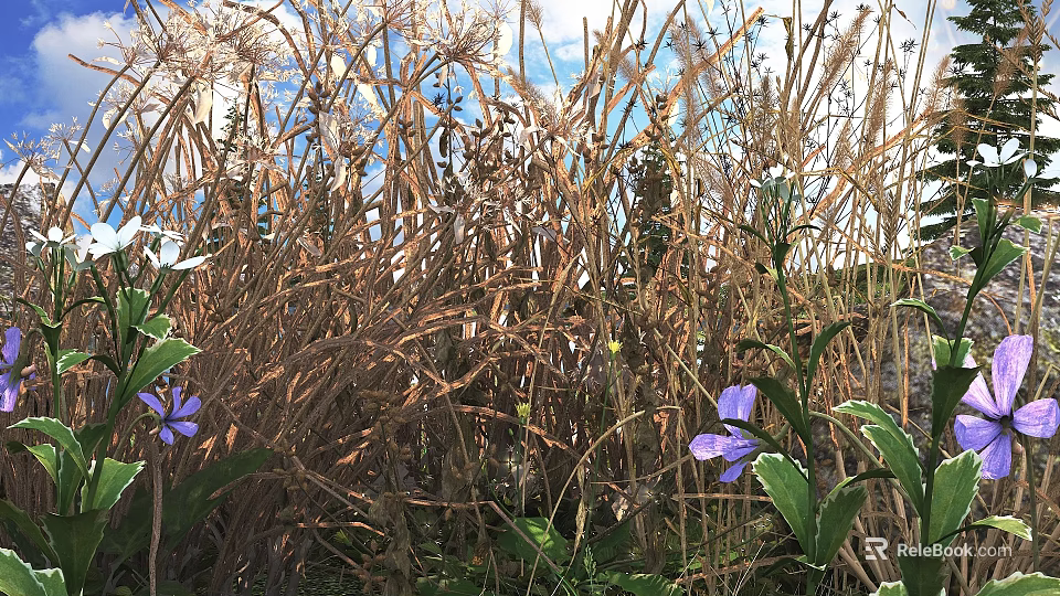 Purple Flowers And Withered Grass In Natural Environment With Blue Sky White Clouds 3d model 