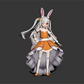 Anime Style Girl Character With Rabbit Ears In Orange Dress And White Hair