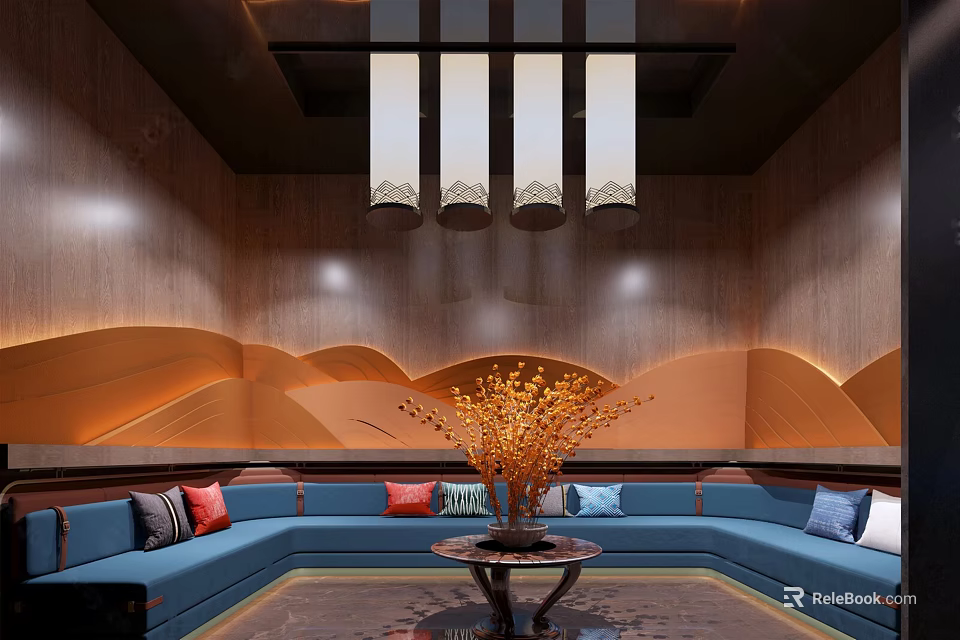 Modern KTV Interior Design With Blue Sofas Orange Wavy Walls Pendant Lights And Flowers 3d model 