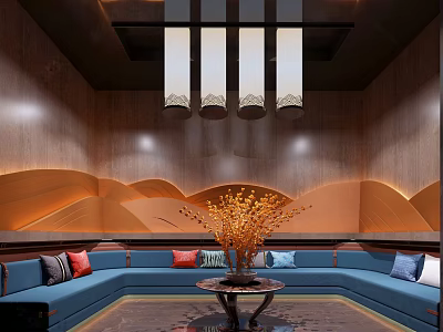Modern KTV Interior Design With Blue Sofas Orange Wavy Walls Pendant Lights And Flowers 3d model