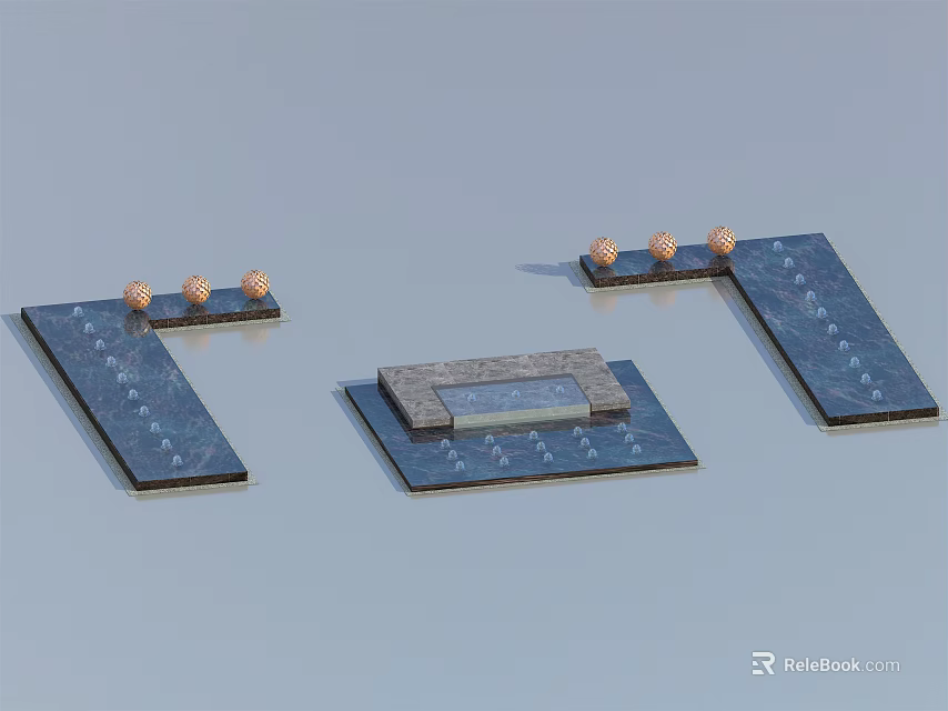 Garden Ornaments With Blue Shaped Bases Orange Decorative Balls And Central Platform 3d model 