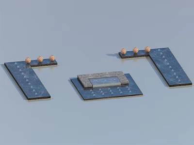 Garden Ornaments With Blue Shaped Bases Orange Decorative Balls And Central Platform 3d model
