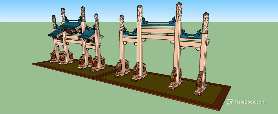 Traditional Chinese Memorial Archways With Stone Pillars And Blue Roofs On Green Lawn 3d model 