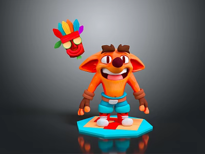 Cute Cartoon Character With Orange Body Blue Shorts And Colorful Feather Mask On Platform 3d model