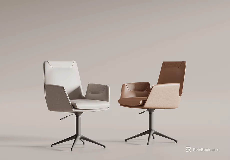 Modern Office Chairs in Light Gray and Brown Upholstery with Armrests and Metal Swivel Bases 3d model 