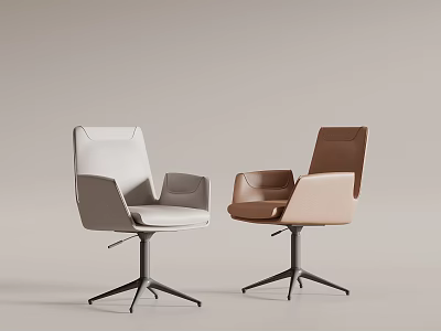 Modern Office Chairs in Light Gray and Brown Upholstery with Armrests and Metal Swivel Bases 3d model