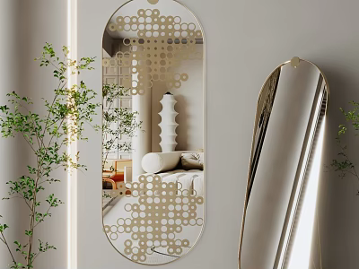 Modern Oval Mirror With Geometric Dot Pattern In Interior With Green Plants And Furniture 3d model