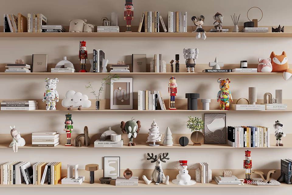 Stylish Decorative Ornament Combination on Wooden Shelves with Nutcrackers Dolls Photo Frames and Small Plants 3d model 