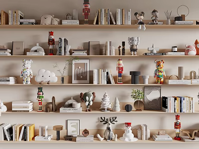 Stylish Decorative Ornament Combination on Wooden Shelves with Nutcrackers Dolls Photo Frames and Small Plants 3d model