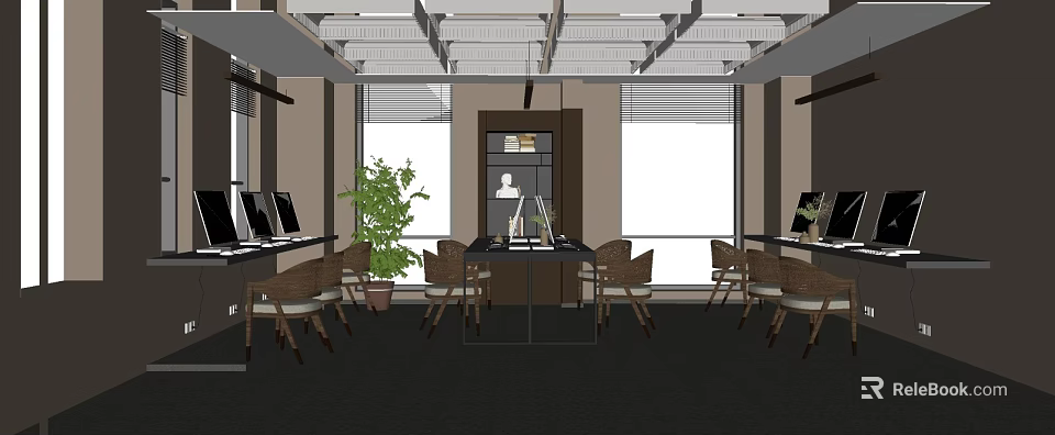 Modern Office Interior With Desks Computers Green Plants Large Windows And Natural Light 3d model 