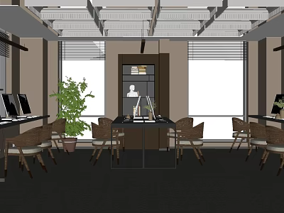 Modern Office Interior With Desks Computers Green Plants Large Windows And Natural Light 3d model