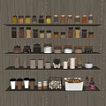 Organized Wooden Kitchen Shelves With Clear Jars For Spices And Grains