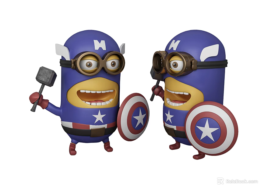 Two Minion Like Captain America Themed Dolls With Shield And Hammer 3d model 