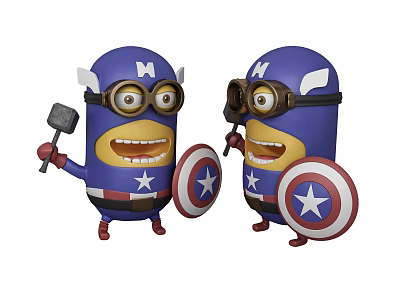 Two Minion Like Captain America Themed Dolls With Shield And Hammer 3d model