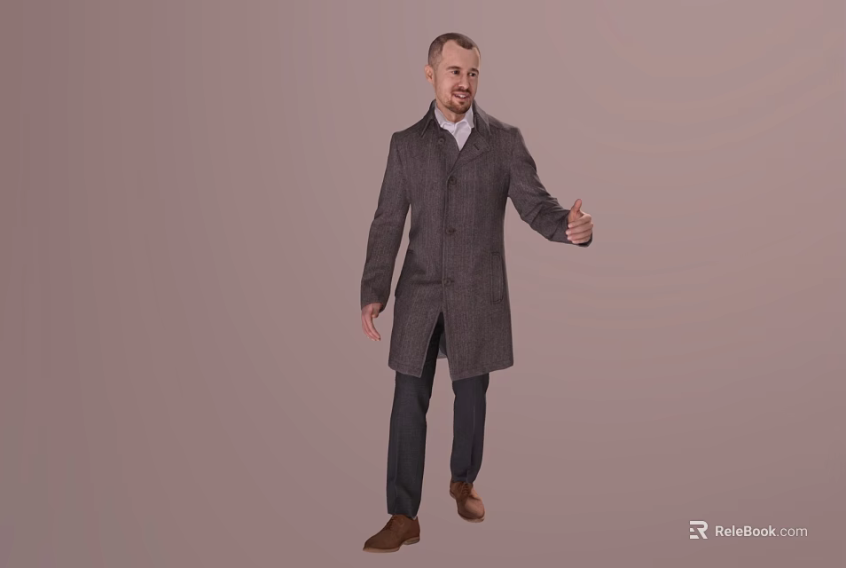 Smiling Man In Gray Long Coat White Shirt Thumbs Up On Beige Background 3d model 