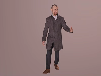 Smiling Man In Gray Long Coat White Shirt Thumbs Up On Beige Background 3d model