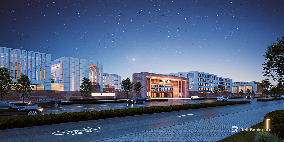 Modern School Building Night View With Lighting Stars Moon Road And Greenery 3d model 