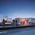 Modern School Building Night View With Lighting Stars Moon Road And Greenery