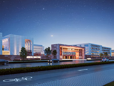 Modern School Building Night View With Lighting Stars Moon Road And Greenery 3d model