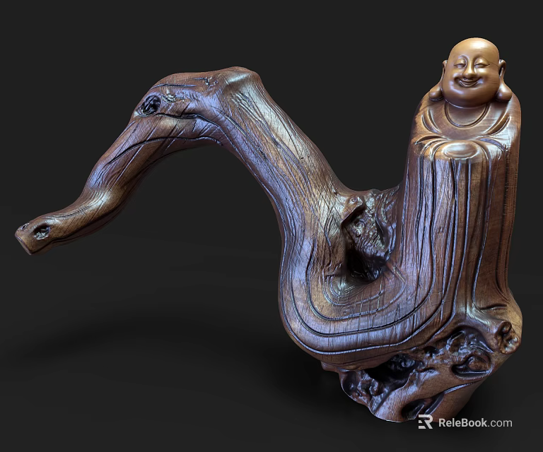 Traditional Wooden Sculpture With Smiling Buddha Figure And Natural Wood Grain 3d model 