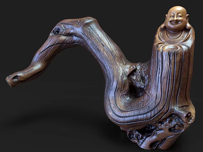 Traditional Wooden Sculpture With Smiling Buddha Figure And Natural Wood Grain 3d model