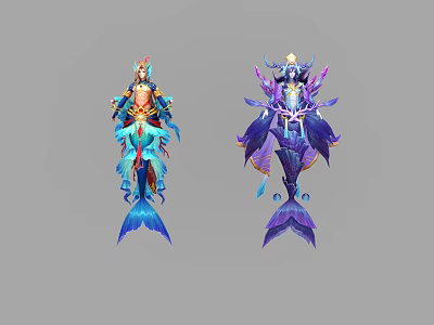 Game And Movie Characters Mermaid Inspired With Colorful Ornate Outfits Blue Purple Tails Mythical Design 3d model