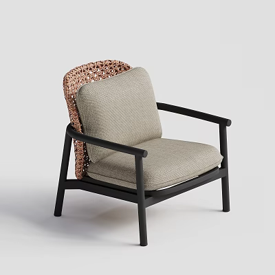 Modern Leisure Chair With Black Frame And Woven Backrest Light Gray Cushion 3d model