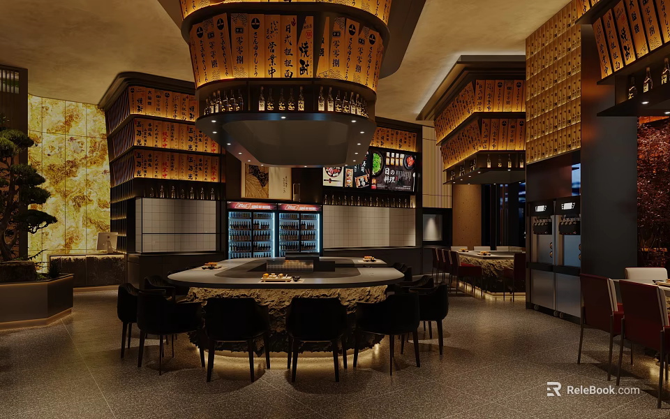 Modern Restaurant Interior With Bar Counter Chairs Decorative Pendant Lights And Wine Refrigerators 3d model 