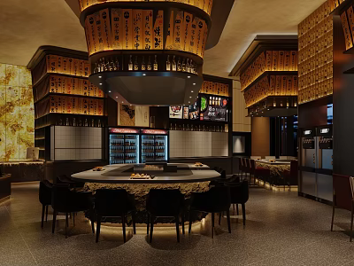 Modern Restaurant Interior With Bar Counter Chairs Decorative Pendant Lights And Wine Refrigerators 3d model