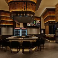 Modern Restaurant Interior With Bar Counter Chairs Decorative Pendant Lights And Wine Refrigerators