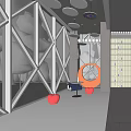 Modern Lounge Area Featuring Geometric Glass Windows Suspended Round Pendant Lights Orange Circular Decor Bookshelves