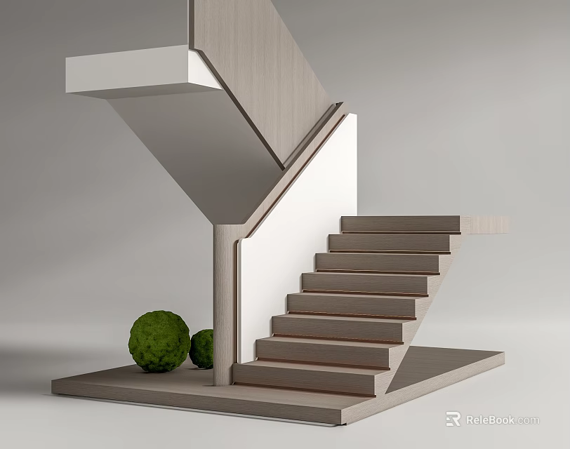 Modern Geometric Staircase Design With Wooden Steps And White Railing And Green Shrubs 3d model 