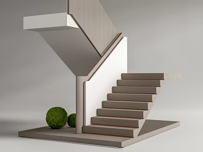 Modern Geometric Staircase Design With Wooden Steps And White Railing And Green Shrubs 3d model