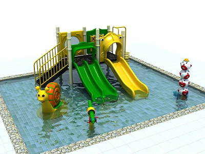 Colorful Water Playground Equipment With Green Yellow Slides Snail Decorations And Mushroom Sprayers In Pool 3d model