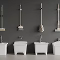 Wall Mounted Cleaning Tools And White Mop Sinks On Gray Wall With Faucets 3d model