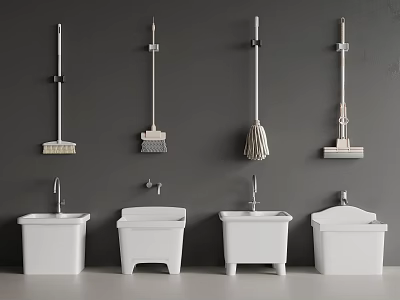 Wall Mounted Cleaning Tools And White Mop Sinks On Gray Wall With Faucets 3d model