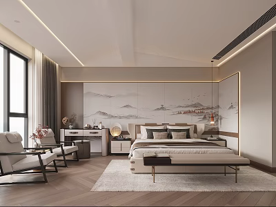 Modern Bedroom Interior Design With Landscape Wall Art Area Rug And Accent Chair 3d model