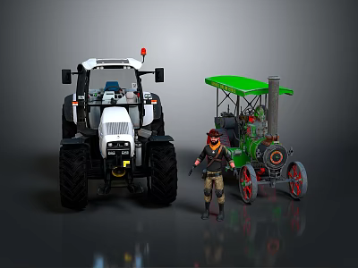White Modern Tractor and Green Vintage Steam Tractor with Worker Figurine 3d model
