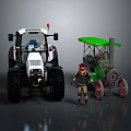 White Modern Tractor and Green Vintage Steam Tractor with Worker Figurine