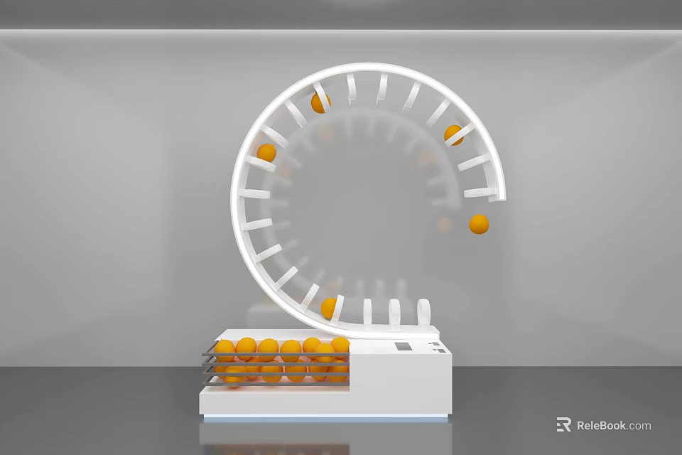 White Device with Circular Track and Orange Balls in Motion 3d model