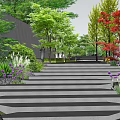 Outdoor Stone Stairs Surrounded By Lush Green Trees Purple Flowers And Shrubs
