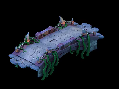 Medieval Stone Bridge Structure With Spiked Pillars Green Vines Chain Links And Stone Base 3d model