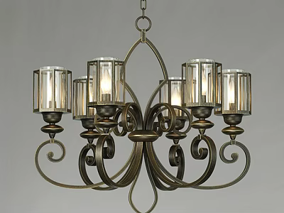 Classic Metal Chandelier With Cylindrical Glass Shades And Ornate Curved Details 3d model