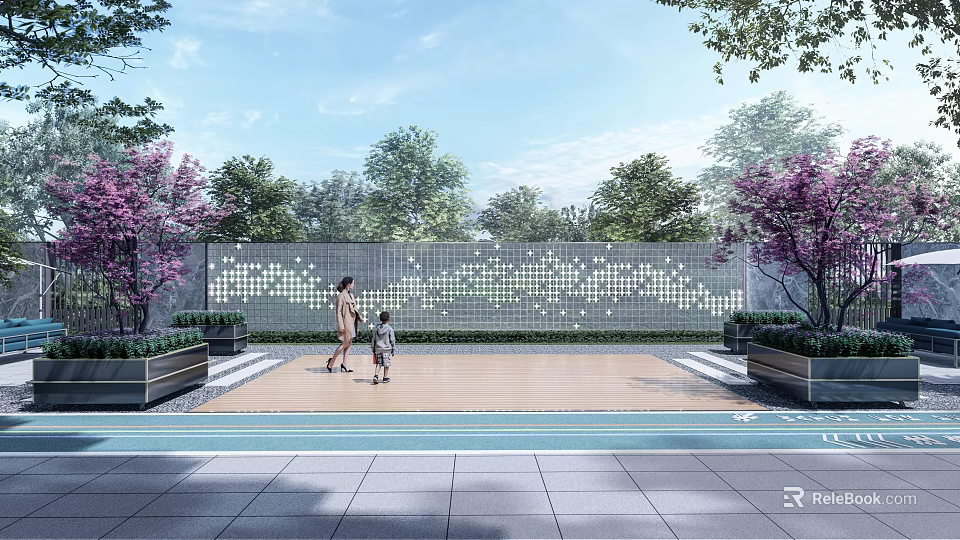 Decorative Perforated Feature Wall In Outdoor Square With Green Trees And People Walking 3d model 